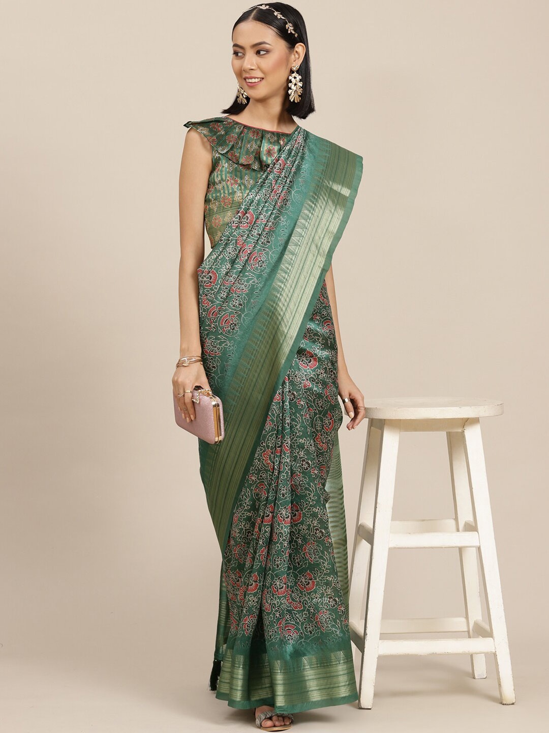 

Mitera Green & Pink Floral Printed Zari Silk Cotton Banarasi Saree