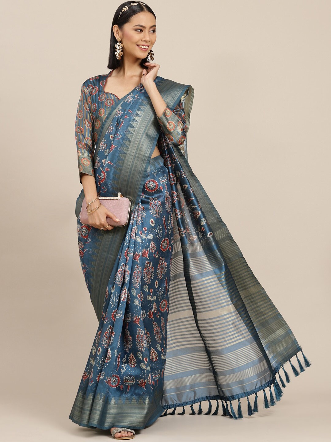 

Mitera Blue & Pink Floral Printed Zari Silk Cotton Banarasi Saree