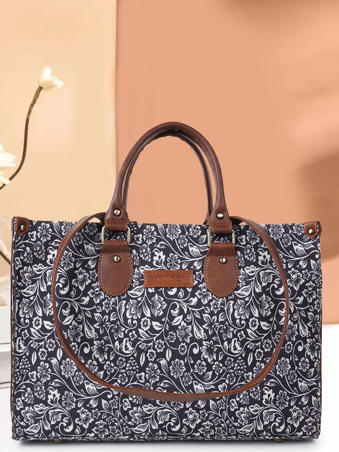 

FARGO Floral Printed Structured Handheld Bag, Black