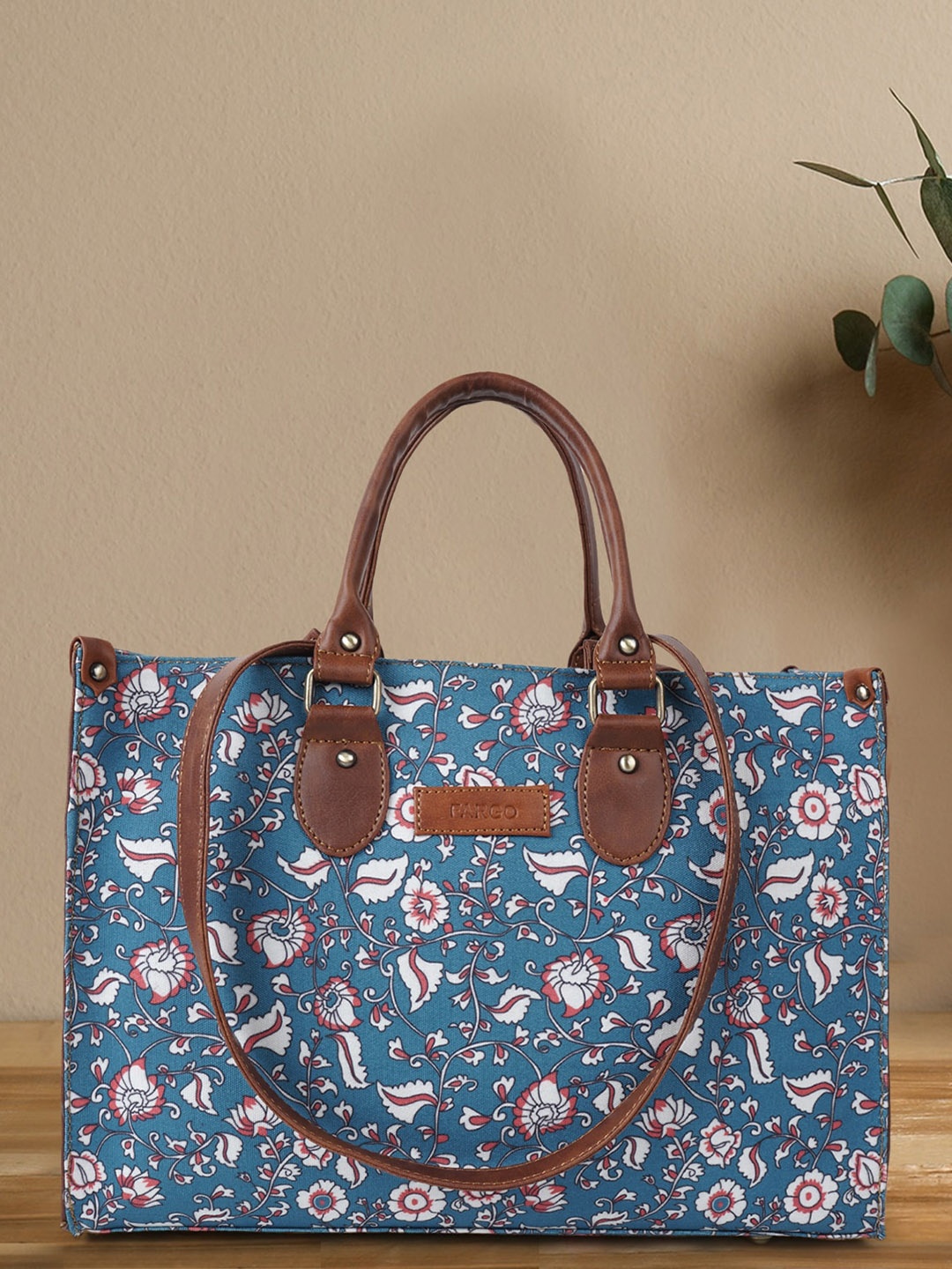 FARGO Floral Printed Oversized Structured Handheld Bag, Blue