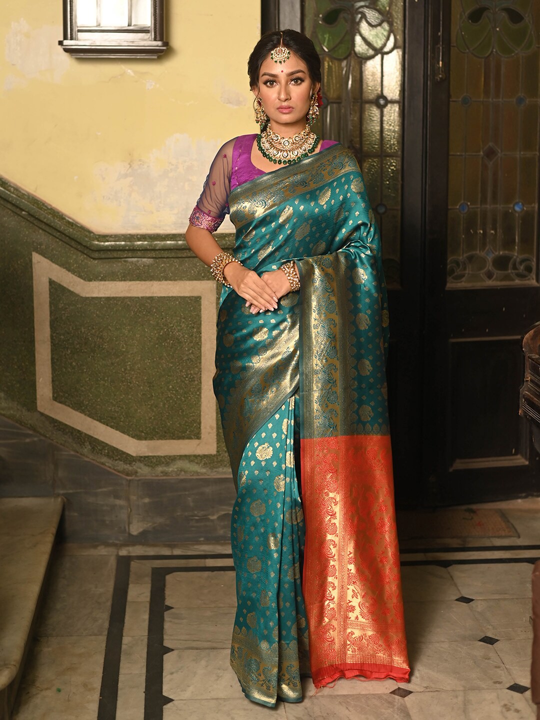 

Anouk Ethnic Motif Woven Design Zari Art Silk Banarasi Saree, Turquoise blue