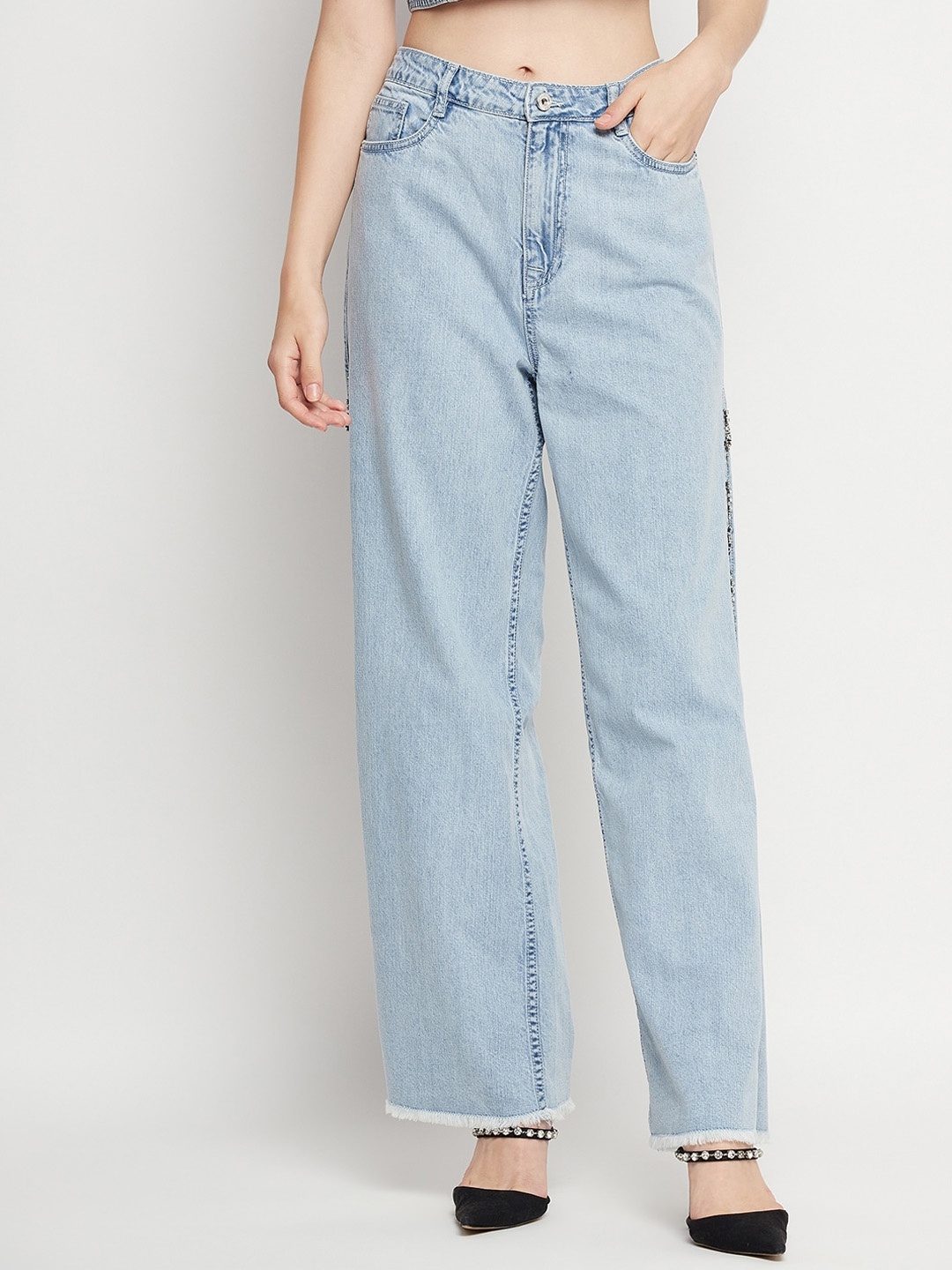 

CAMLA Women Side Slit Detail High-Rise Light Cotton Fade Jeans, Blue