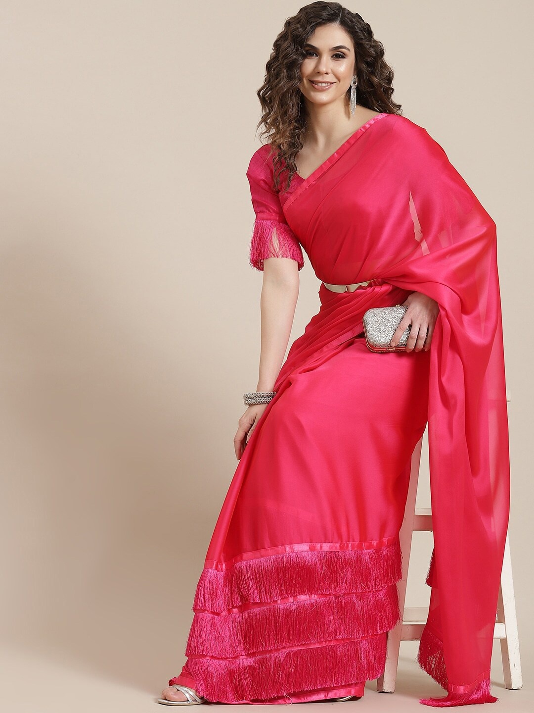 

Mitera Pink Tasseled Pure Georgette Saree