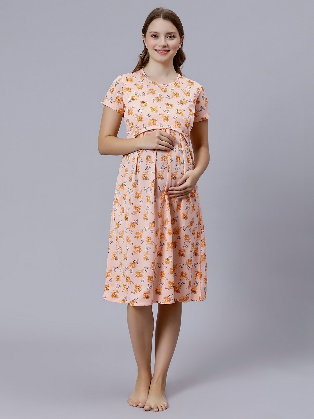 

True Shape Floral Printed Maternity A-Line Dress, Orange