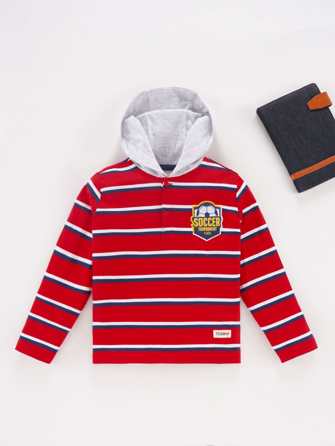 

Ed-a-Mamma Boys Striped Hooded Cotton T-shirt, Red