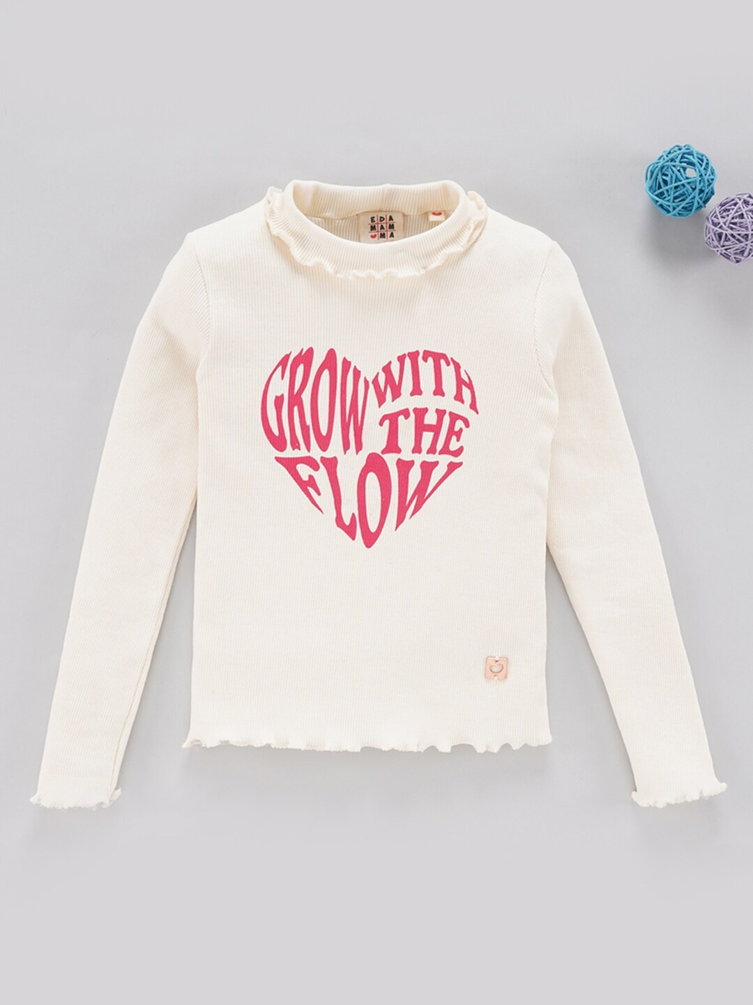 Ed-a-Mamma Girls Typography Printed High Neck Cotton T-shirt, Off white