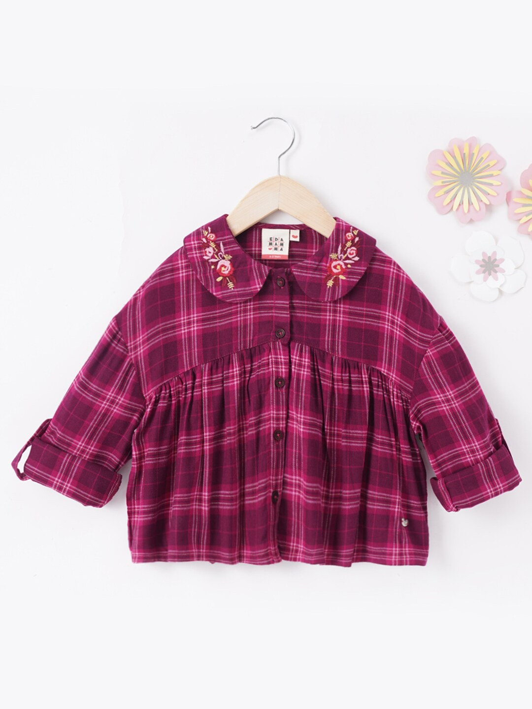 

Ed-a-Mamma Girls Checked Peter Pan Collar Roll Up Sleeves Pure Cotton Shirt Style Top, Pink