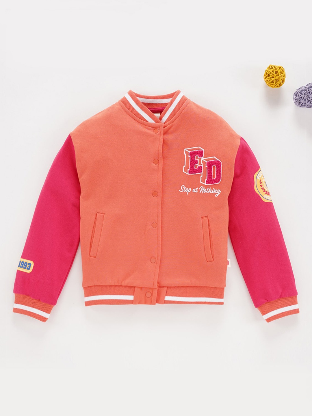 

Ed-a-Mamma Girls Colourblocked Stand Collar Patchwork Cotton Varsity Jacket, Coral