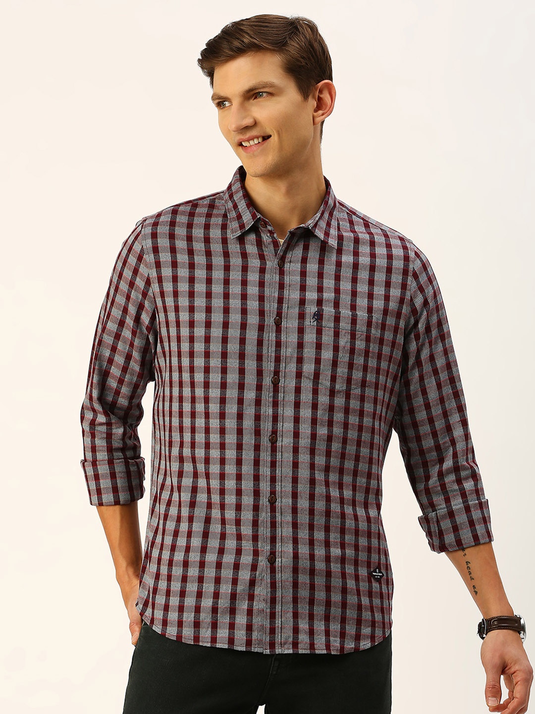 

Thomas Scott Smart Slim Fit Checked Spread Collar Flannel Pure Cotton Casual Shirt, Grey