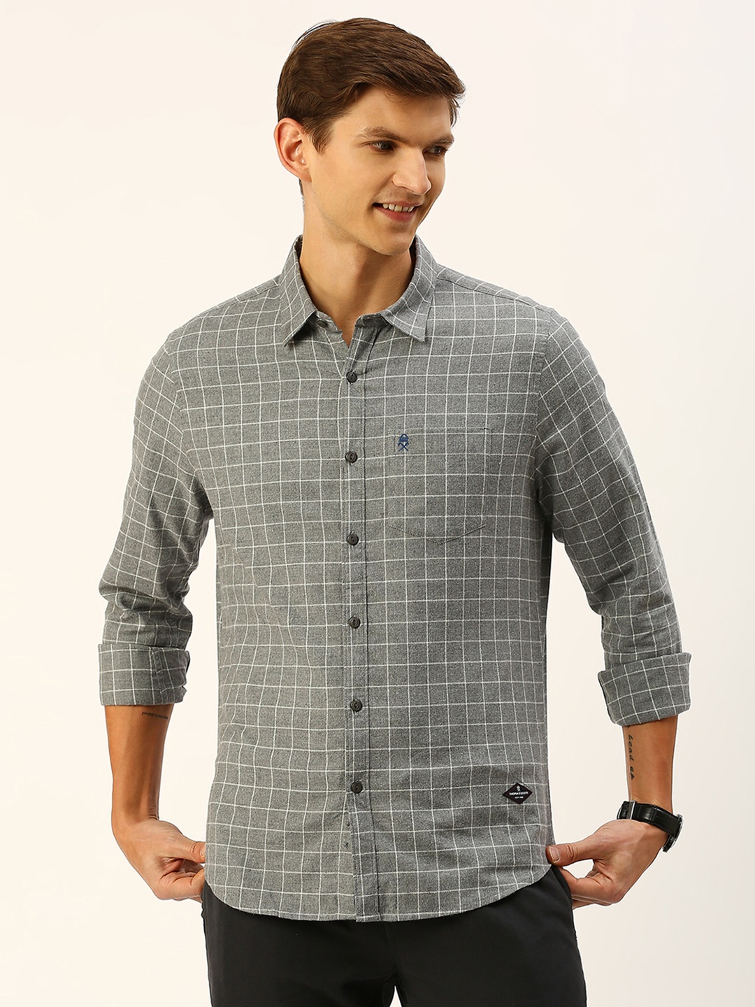 

Thomas Scott Checked Smart Slim Fit Opaque Cotton Casual Shirt, Grey