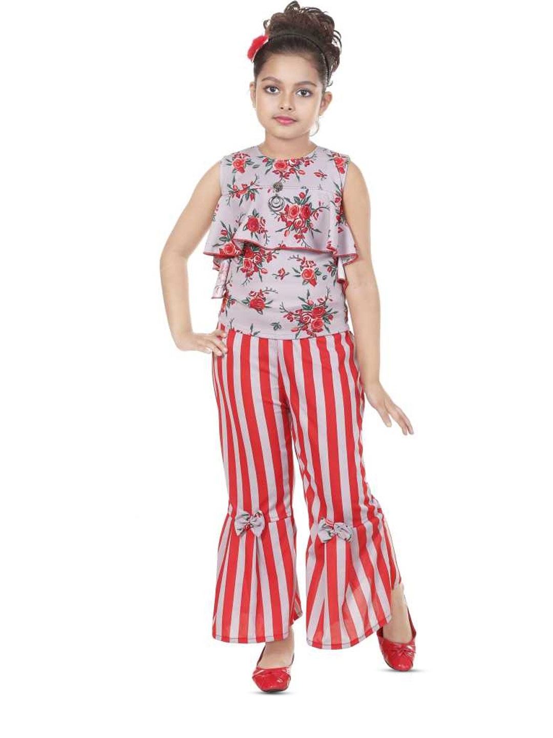 

BAESD Girls Floral Printed Top with Striped Trousers, Grey