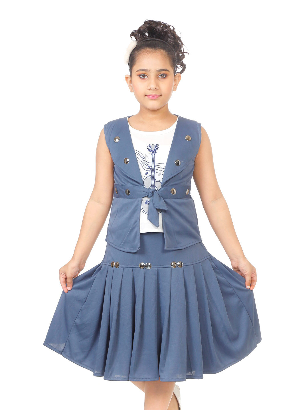 

BAESD Girls Printed Layered Top with Pleated Skirt, Grey