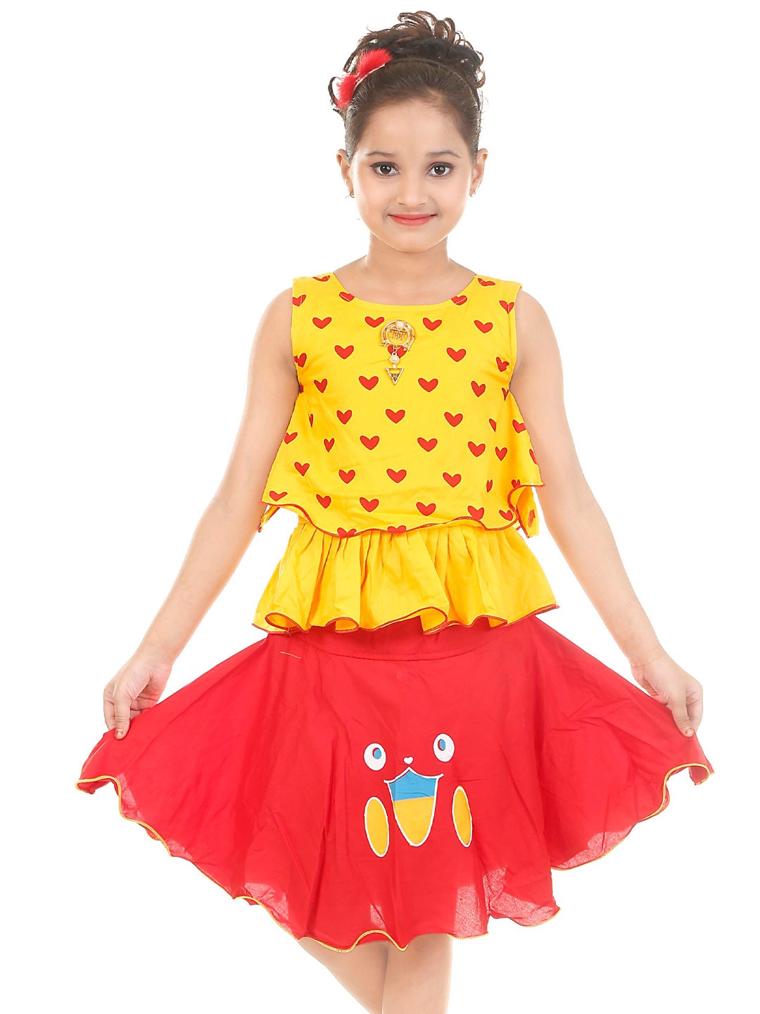 

BAESD Girls Heart Printed Ruffle Detail Top With Skirt, Yellow