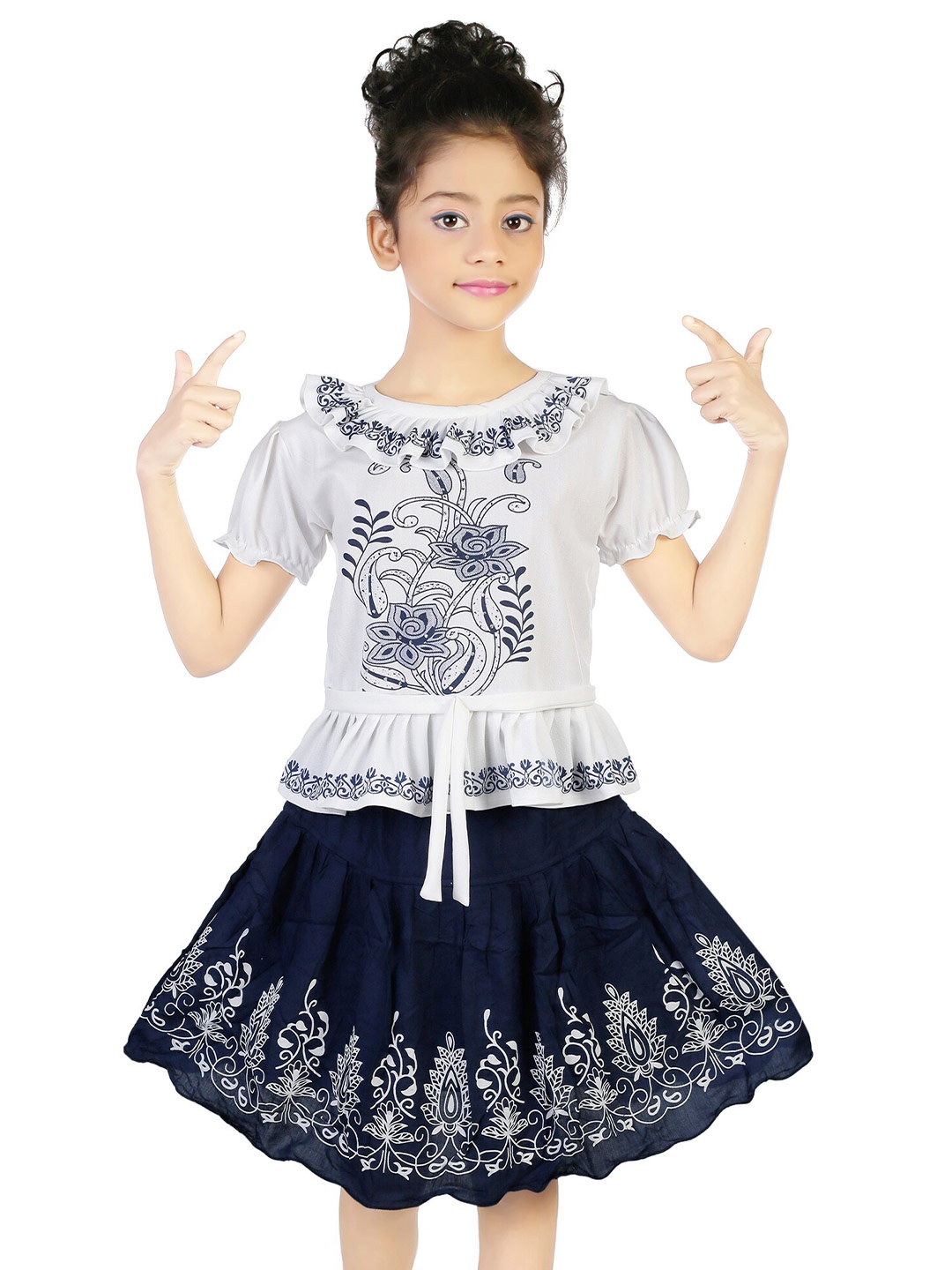 

BAESD Girls Floral Printed Pleated Puff Sleeve Top with Skirt, White