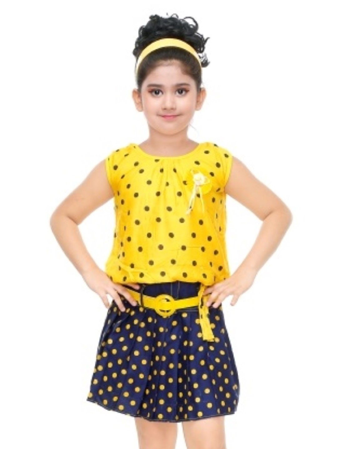 

BAESD Girls Polka Dots Printed Top With Skirt, Yellow