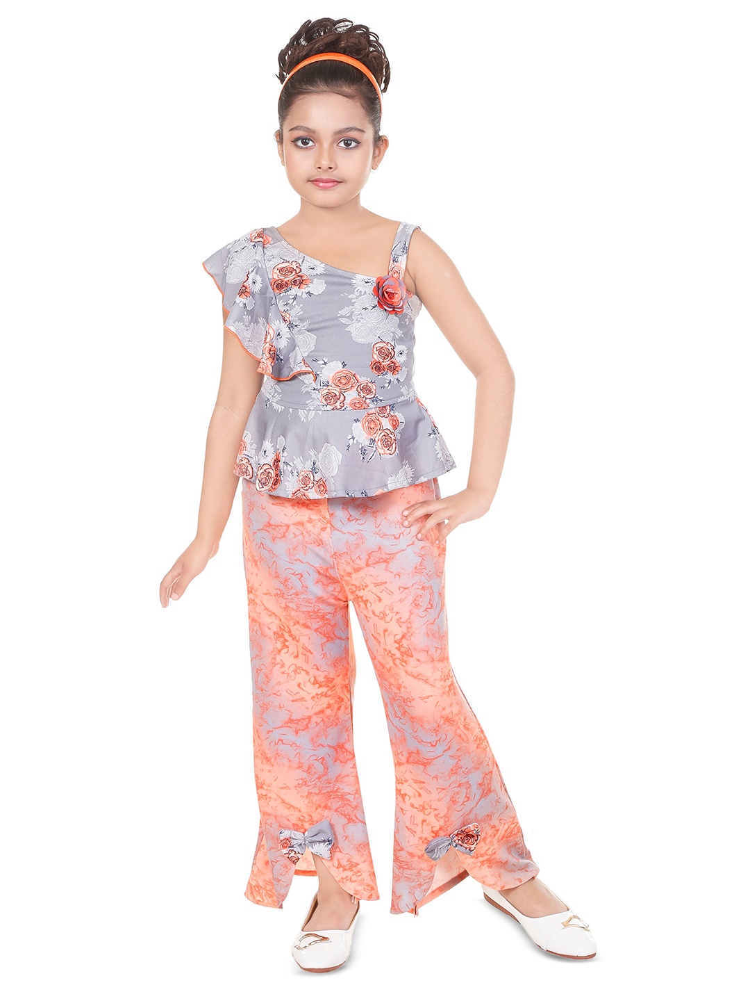 

BAESD Girls Floral Printed One Shoulder Neck Peplum Top with Palazzos, Orange