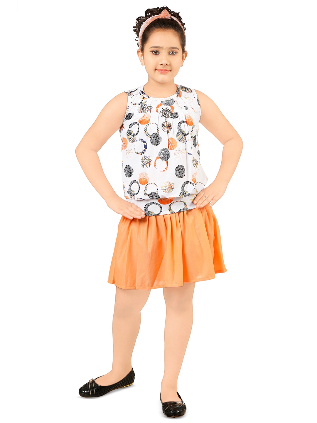 

BAESD Girls Printed Sleeveless Top with Skirt, Orange