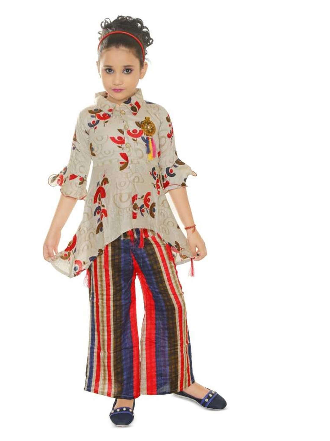 

BAESD Girls Printed Shirt Collar Kurta With Palazzos, Red