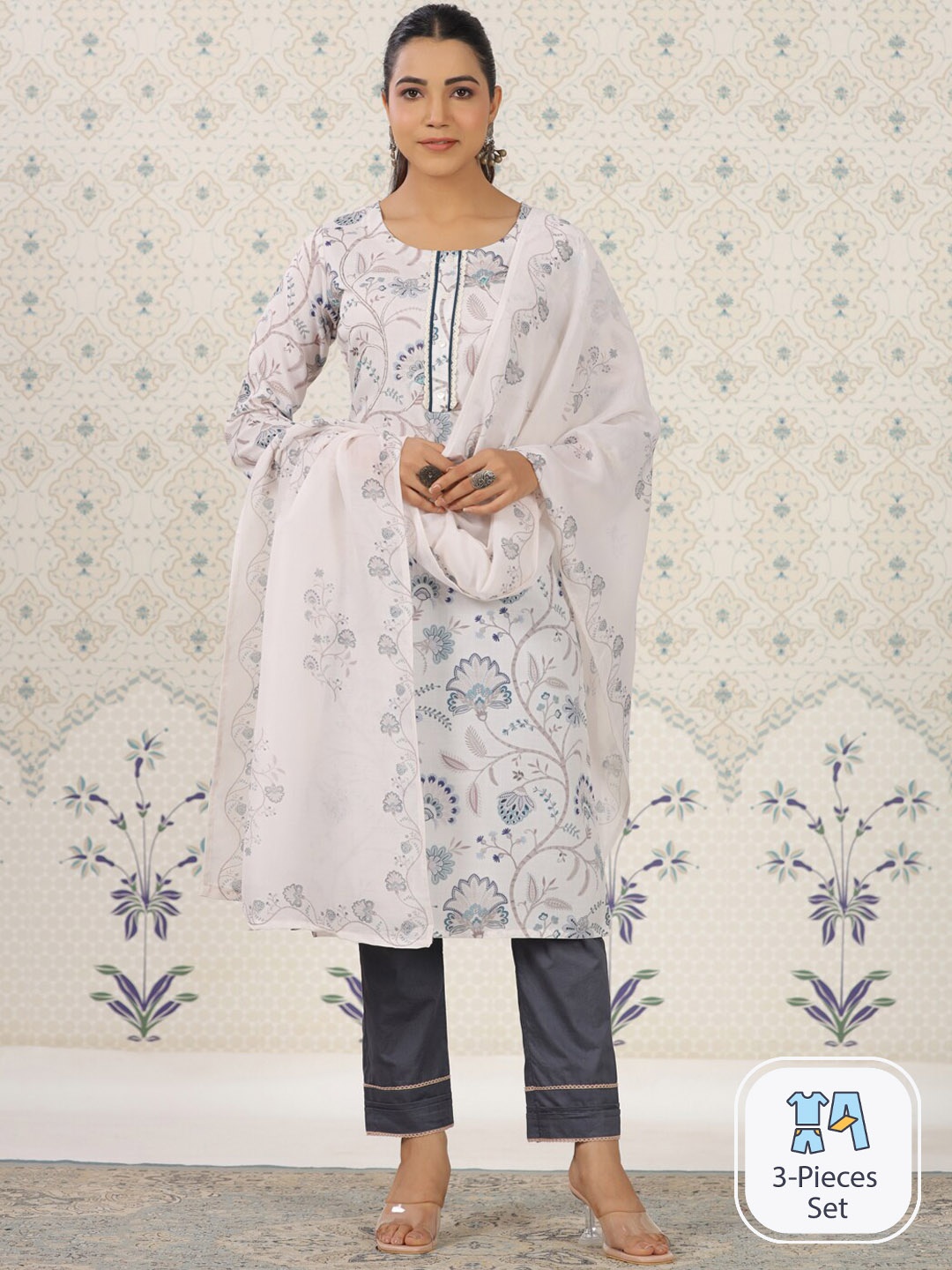 

Ode by House of Pataudi Floral Printed Regular Kurta & Trousers With Dupatta, White