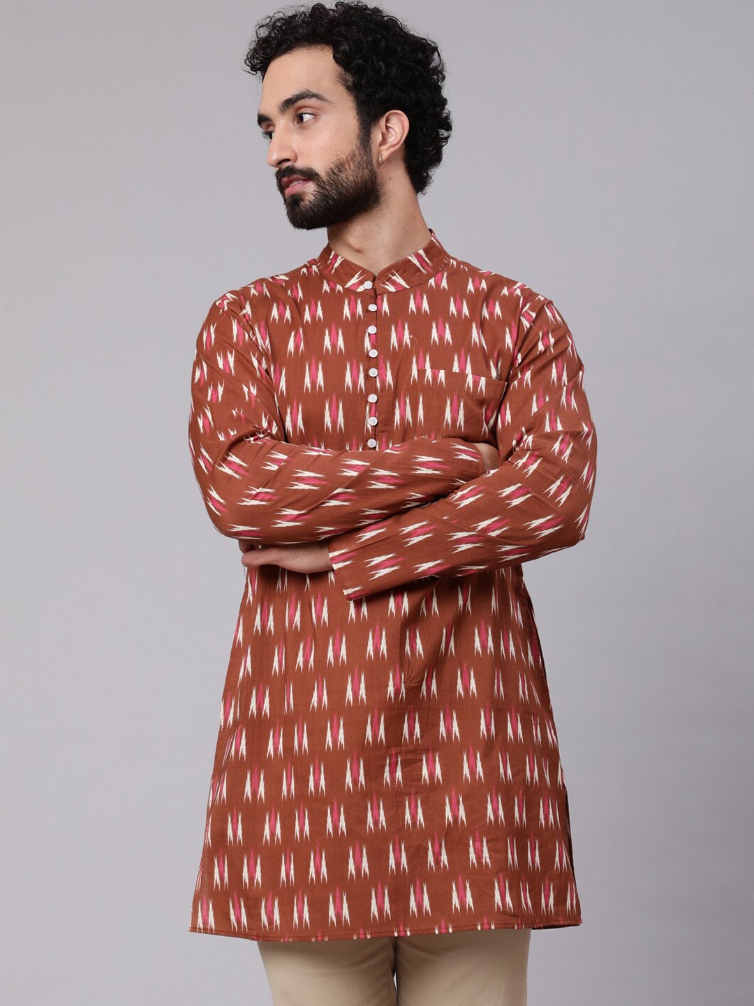 

AKS Abstract Printed Mandarin Collar Pure Cotton Kurta, Brown