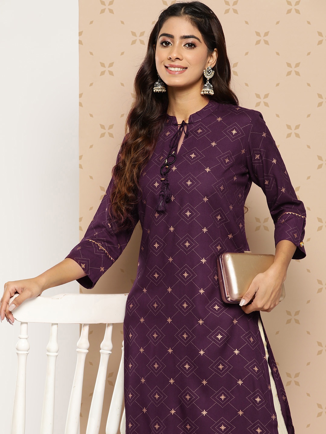 

KALINI Ethnic Motifs Printed Tie-Up Neck Kurta, Purple