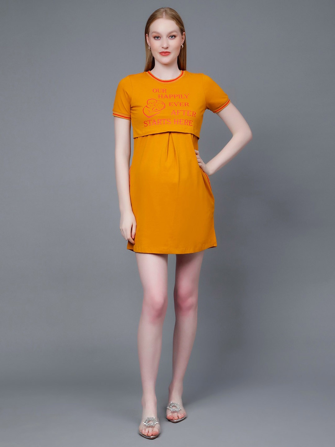 

True Shape Maternity Typography Printed Round Neck Mini Cotton T-Shirt Dress, Mustard
