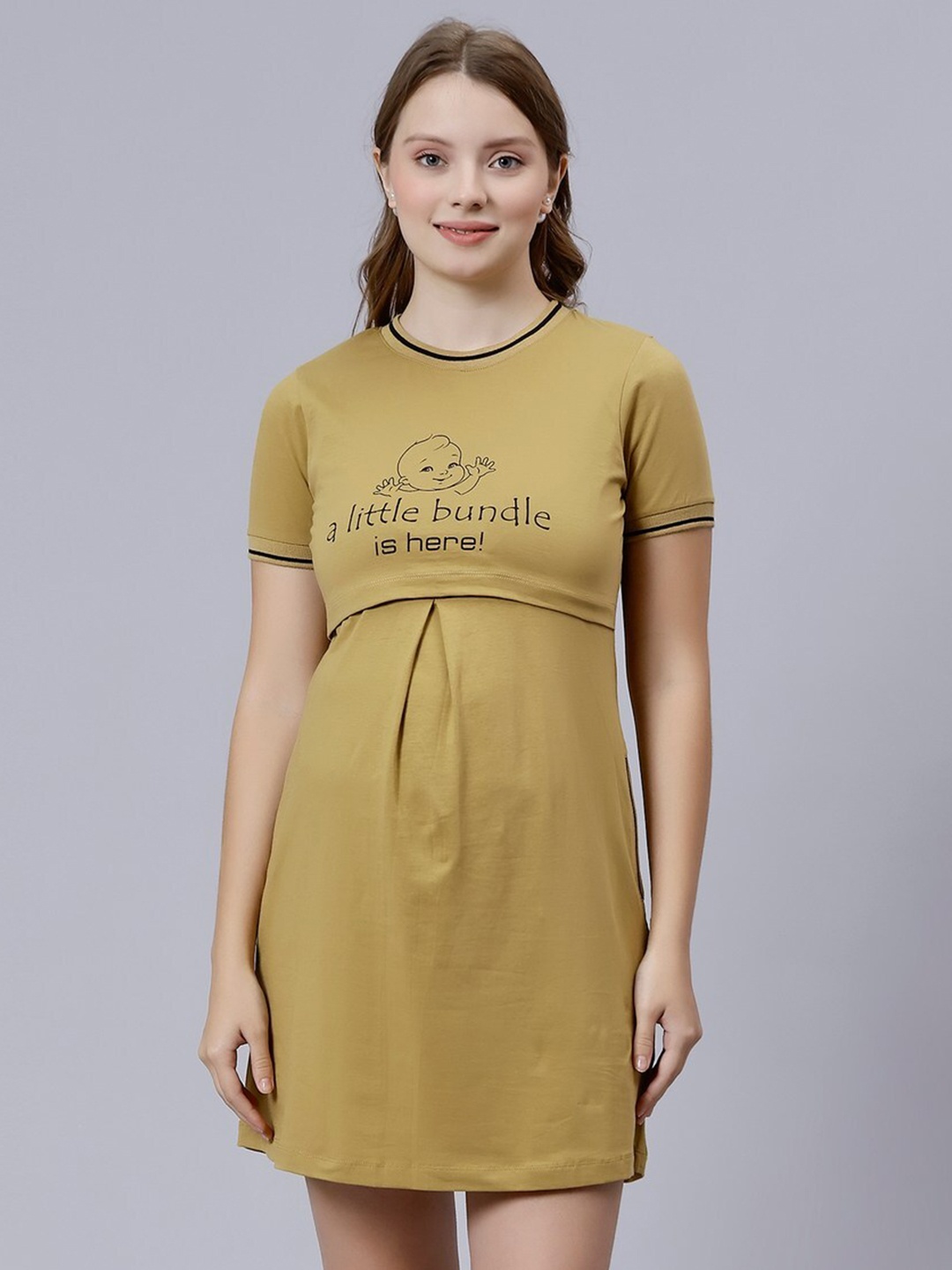 

True Shape Typography Printed Cotton Maternity Sheath Dress, Beige