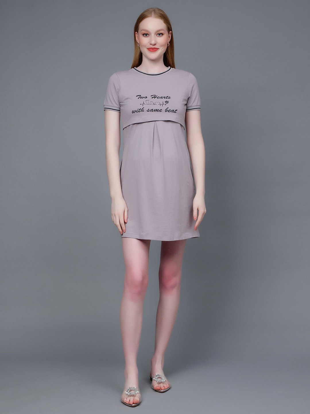 

True Shape Maternity Typography Printed Round Neck Mini Cotton T-Shirt Dress, Grey
