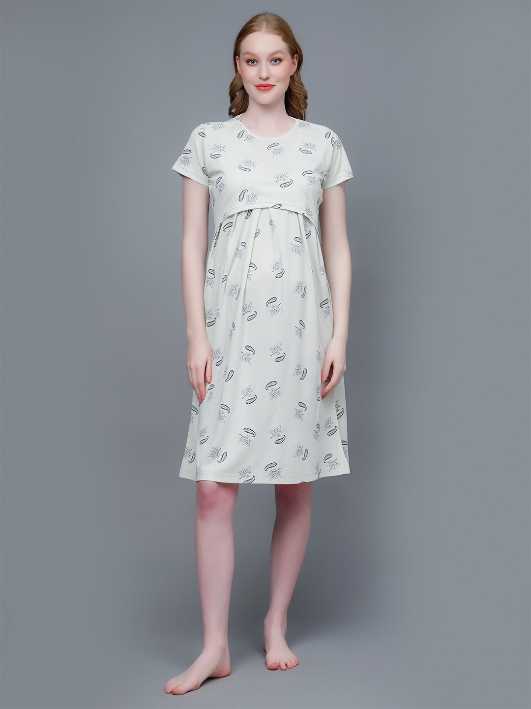 

True Shape Floral Printed Cotton Maternity A-Line Dress, Green