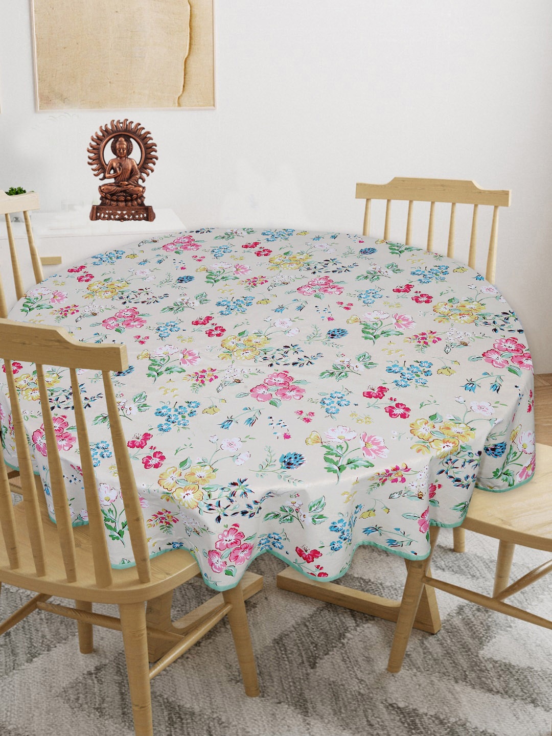 

INDHOME LIFE White & Pink Floral-Printed Pure-Cotton 4-Seater Table Cover