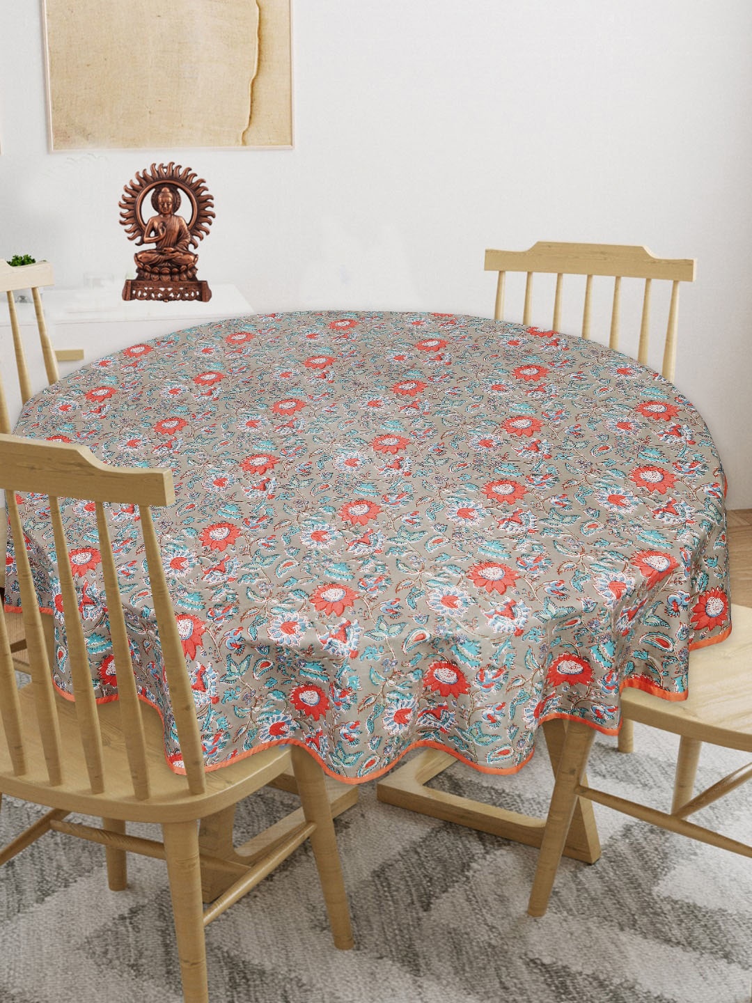 

INDHOME LIFE Grey & Pink Floral-Printed Pure-Cotton 4-Seater Table Cover