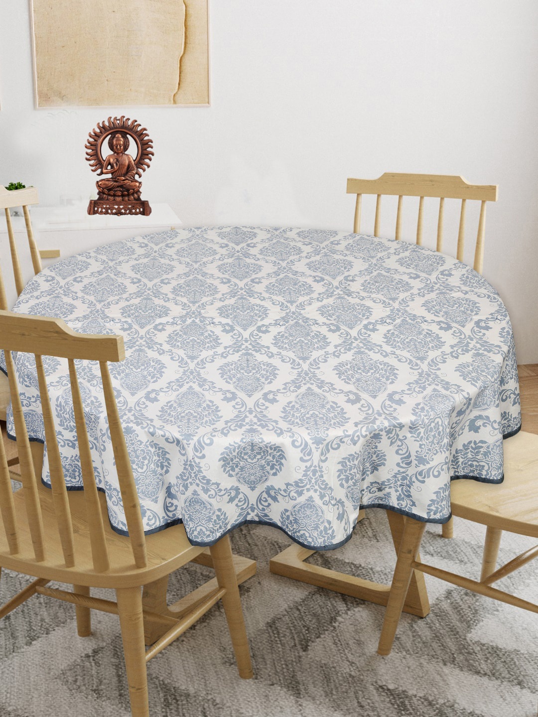 

INDHOME LIFE White & Blue Floral-Printed Pure-Cotton 4-Seater Table Cover