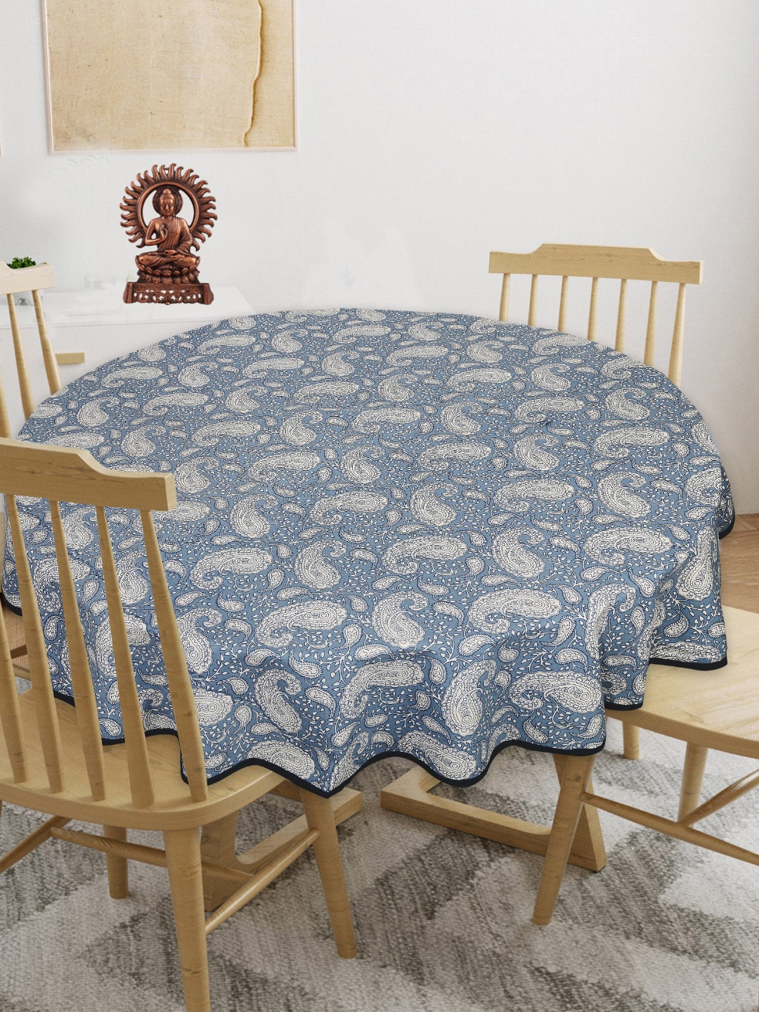 

INDHOME LIFE Grey & Blue Ethnic Motif-Printed Pure-Cotton 4-Seater Table Cover