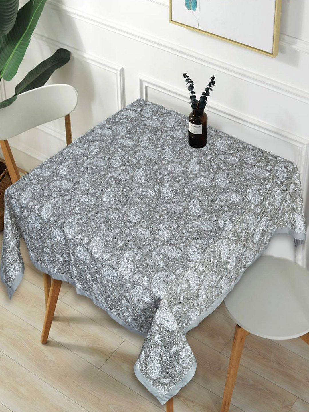 

INDHOME LIFE Grey & Blue Ethnic Motif-Printed Pure-Cotton 4-Seater Table Cover