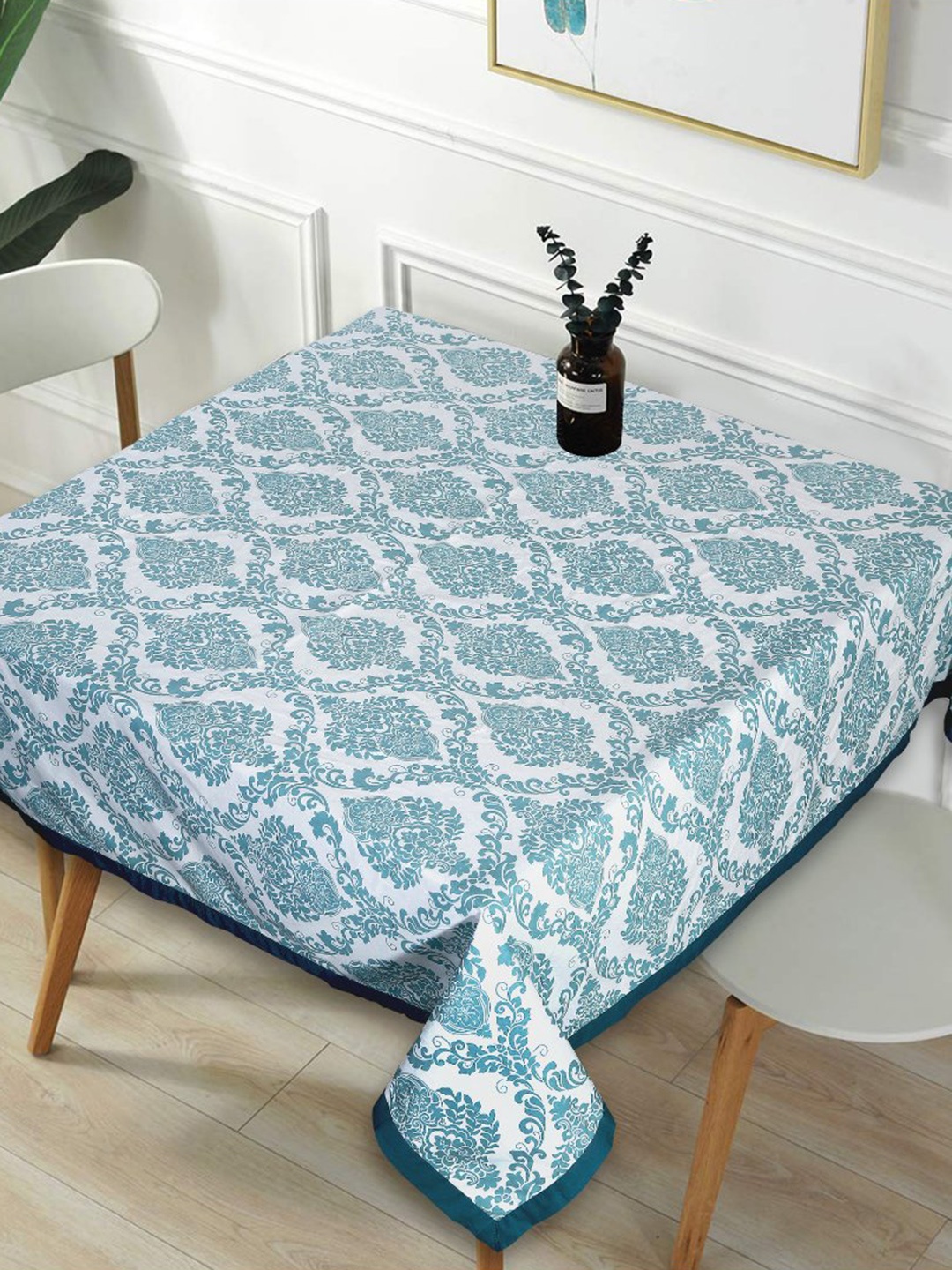 

INDHOME LIFE White & Blue Ethnic Motif-Printed Pure-Cotton 4-Seater Table Cover