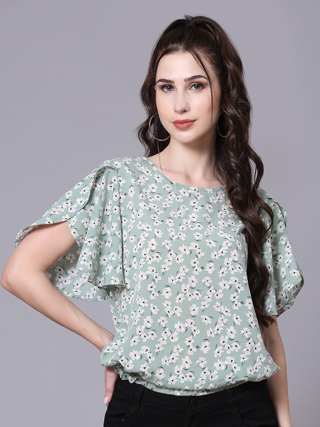 

Pomegal Floral Printed Flared Sleeves Blouson Top, Sea green