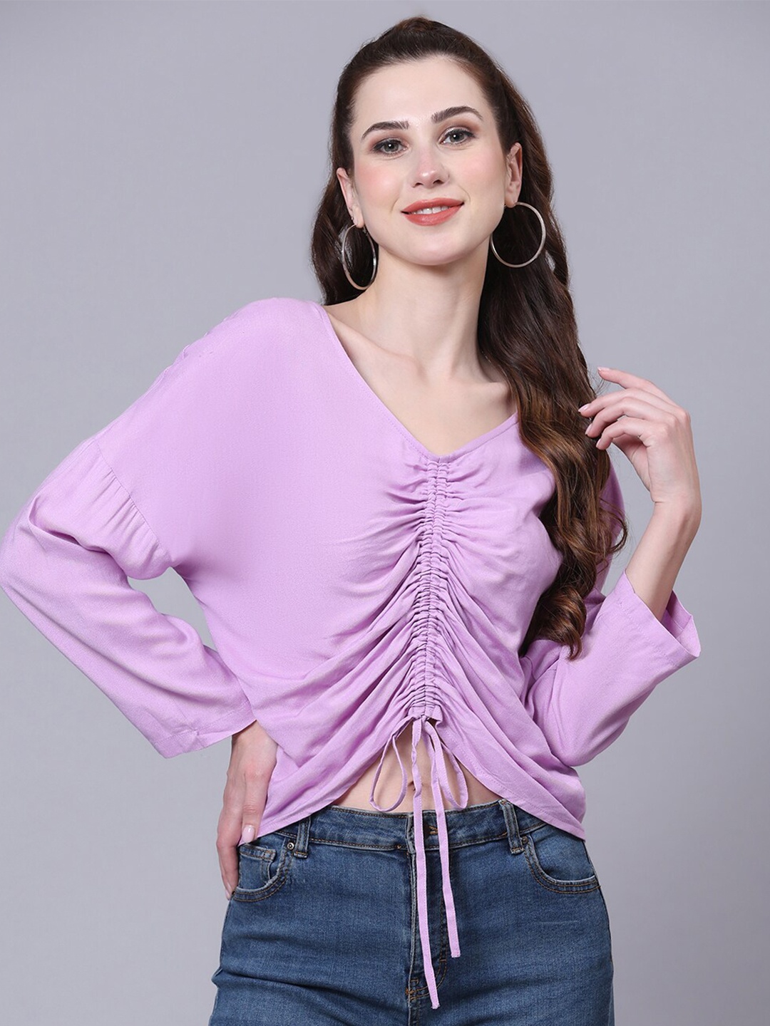 

Pomegal V-Neck Ruched Drop-Shouder Sleeve Crop Top, Purple