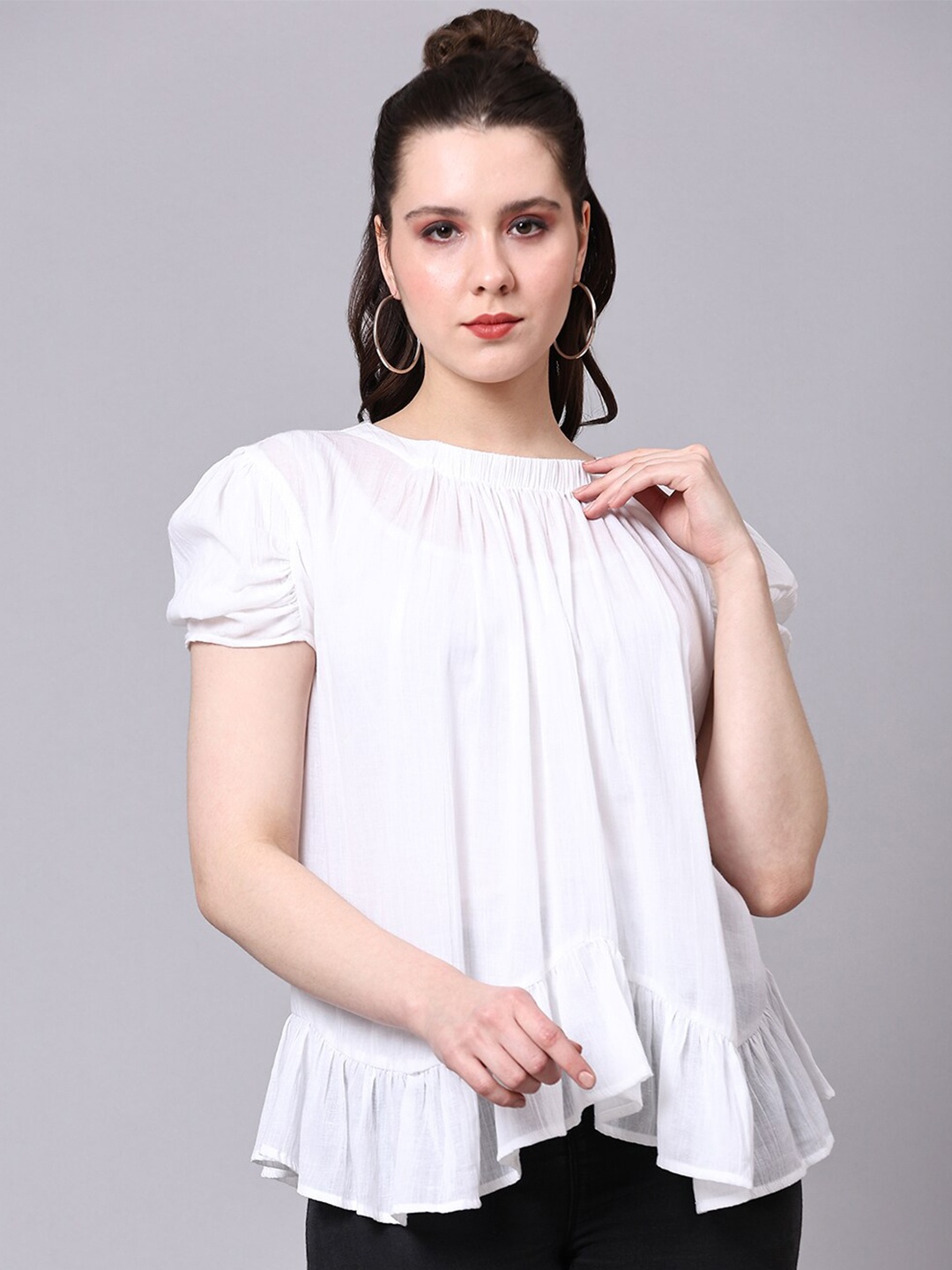 

Pomegal Gathered Ruffled Puff Sleeves A-Line Cotton Top, White