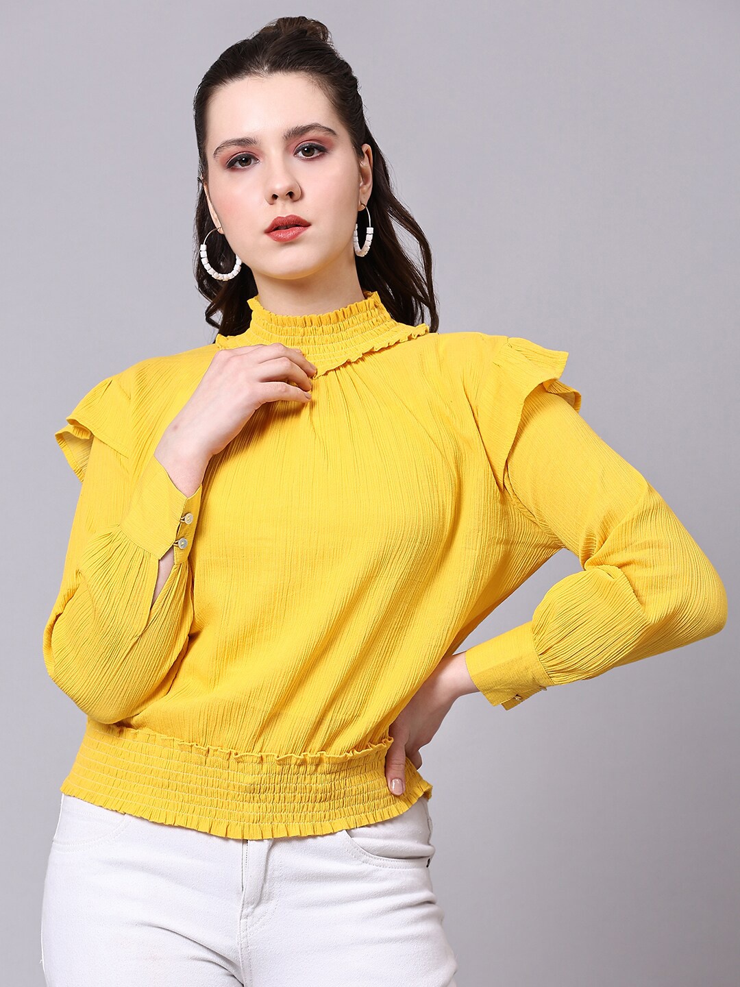 

Pomegal High Neck Cotton Crepe Blouson Top, Yellow