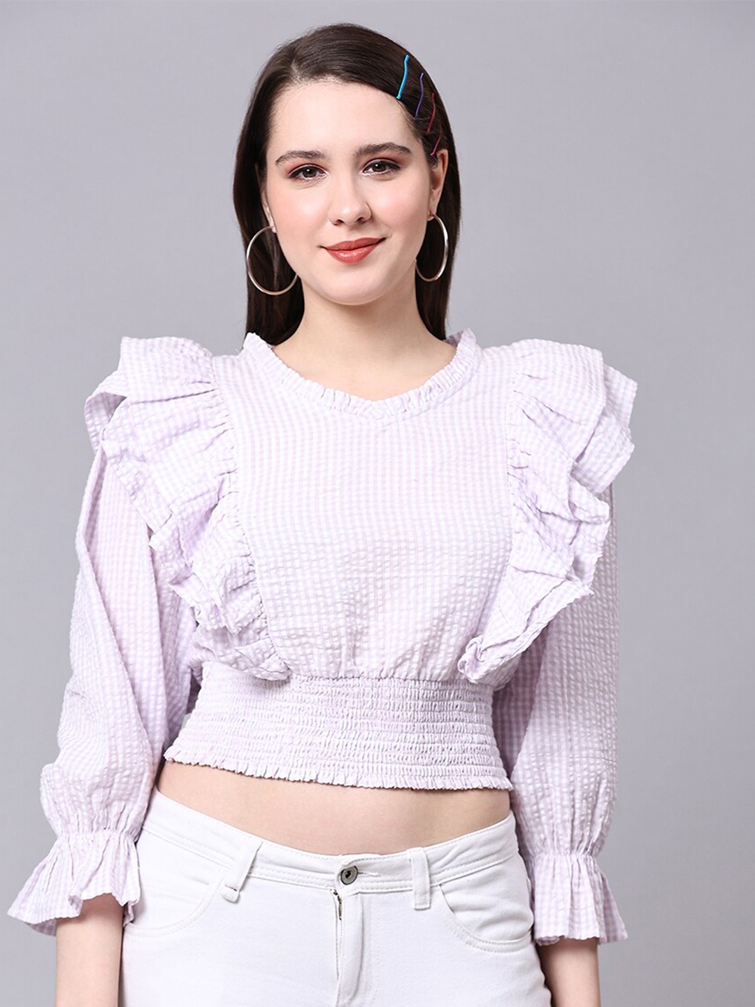 

Pomegal Checked Ruffles Puff Sleeves Cotton Blouson Crop Top, Lavender