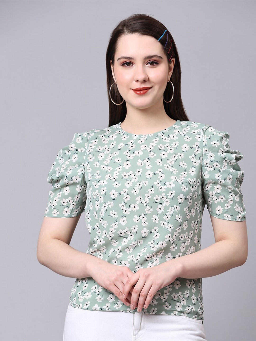 

Pomegal Floral Printed Puff Sleeves Top, Sea green