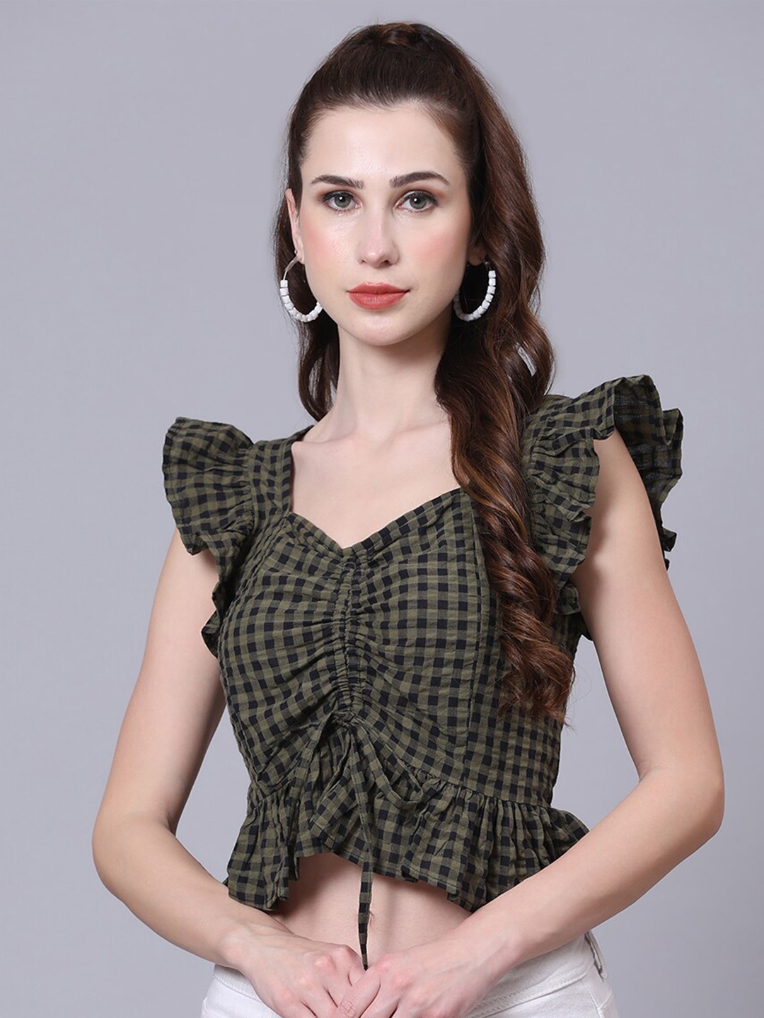 

Pomegal Checked Sweetheart Neck Flutter Sleeve Tie-Ups & Ruched Crop Top, Olive