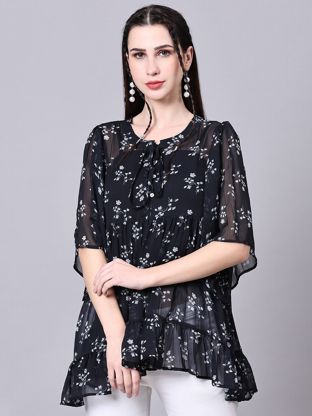 

Pomegal Floral Print Chiffon Top, Navy blue