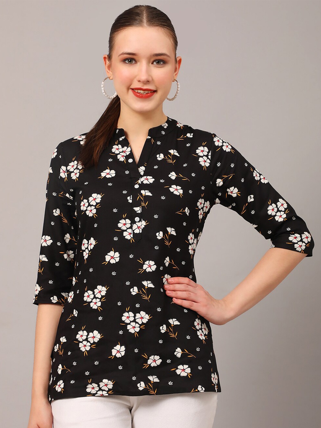 

Pomegal Floral Printed Mandarin Collar Regular Top, Black