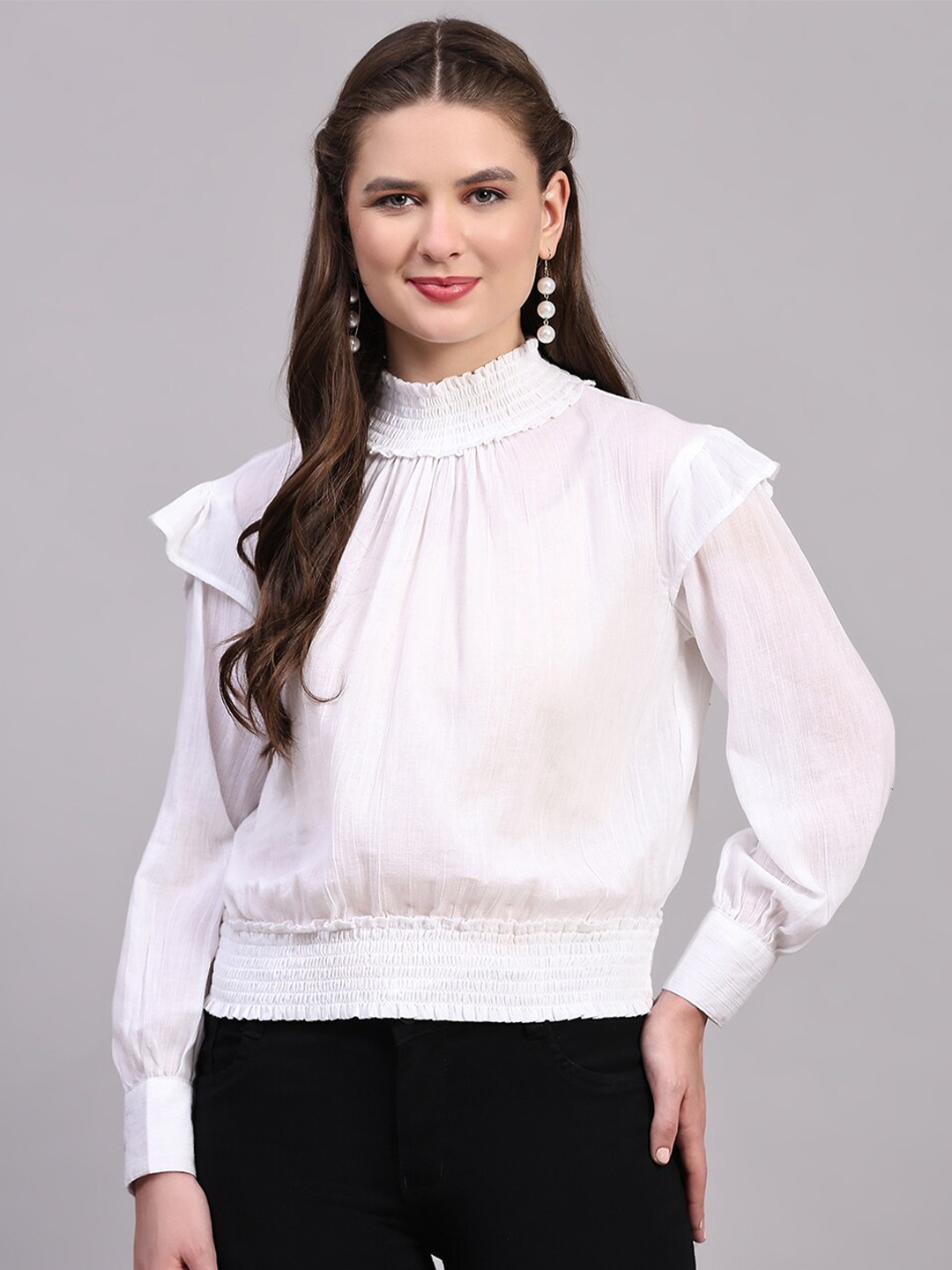 

Pomegal High Neck Smocked Cotton Blouson Top, White