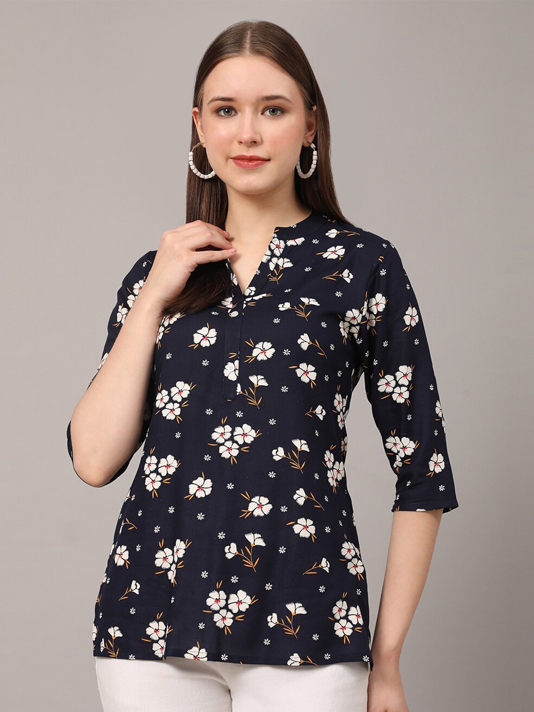 

Pomegal Floral Printed Mandarin Collar Top, Navy blue