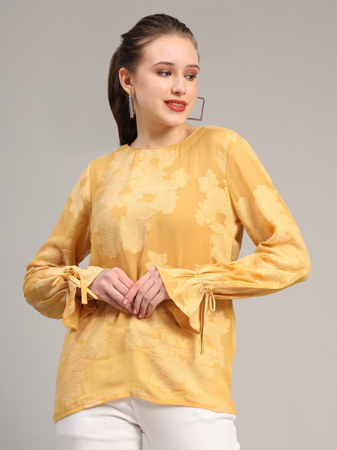 

Pomegal Self Design Jacquard Bell Sleeves Top, Mustard