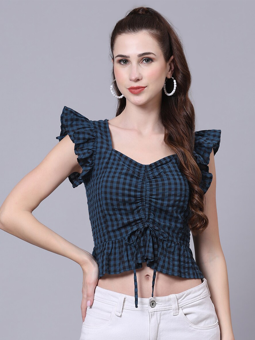 

Pomegal Checked V-Neck Ruched Flutter Sleeves Cotton Fiited Crop Top, Navy blue