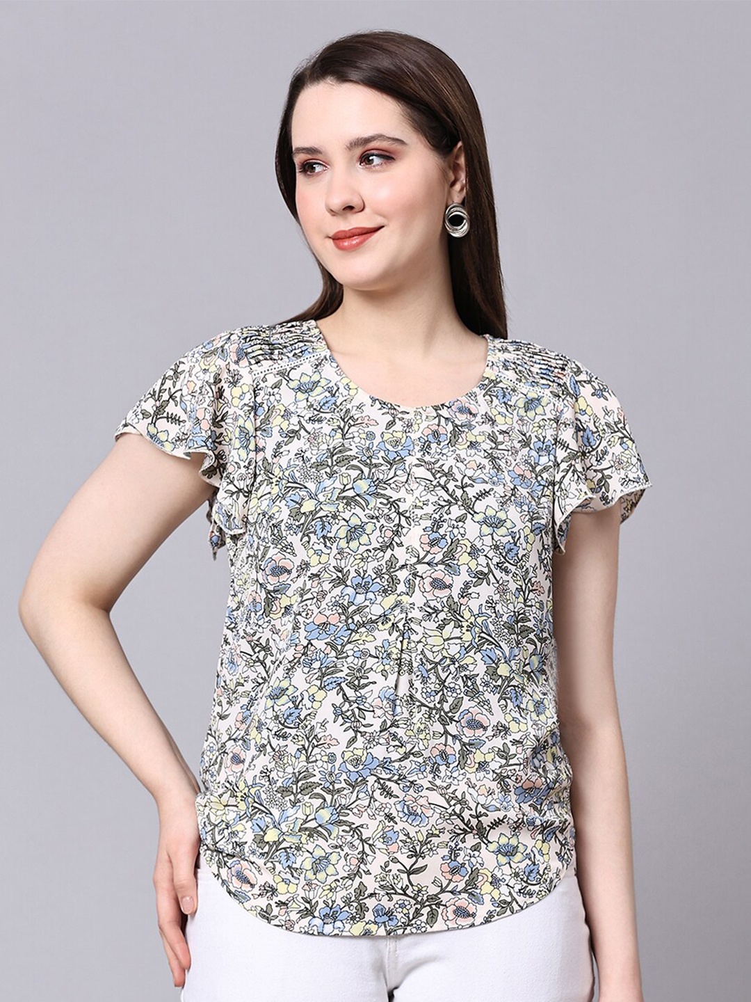 

Pomegal Floral Printed Flutter Sleeves Georgette Top, White