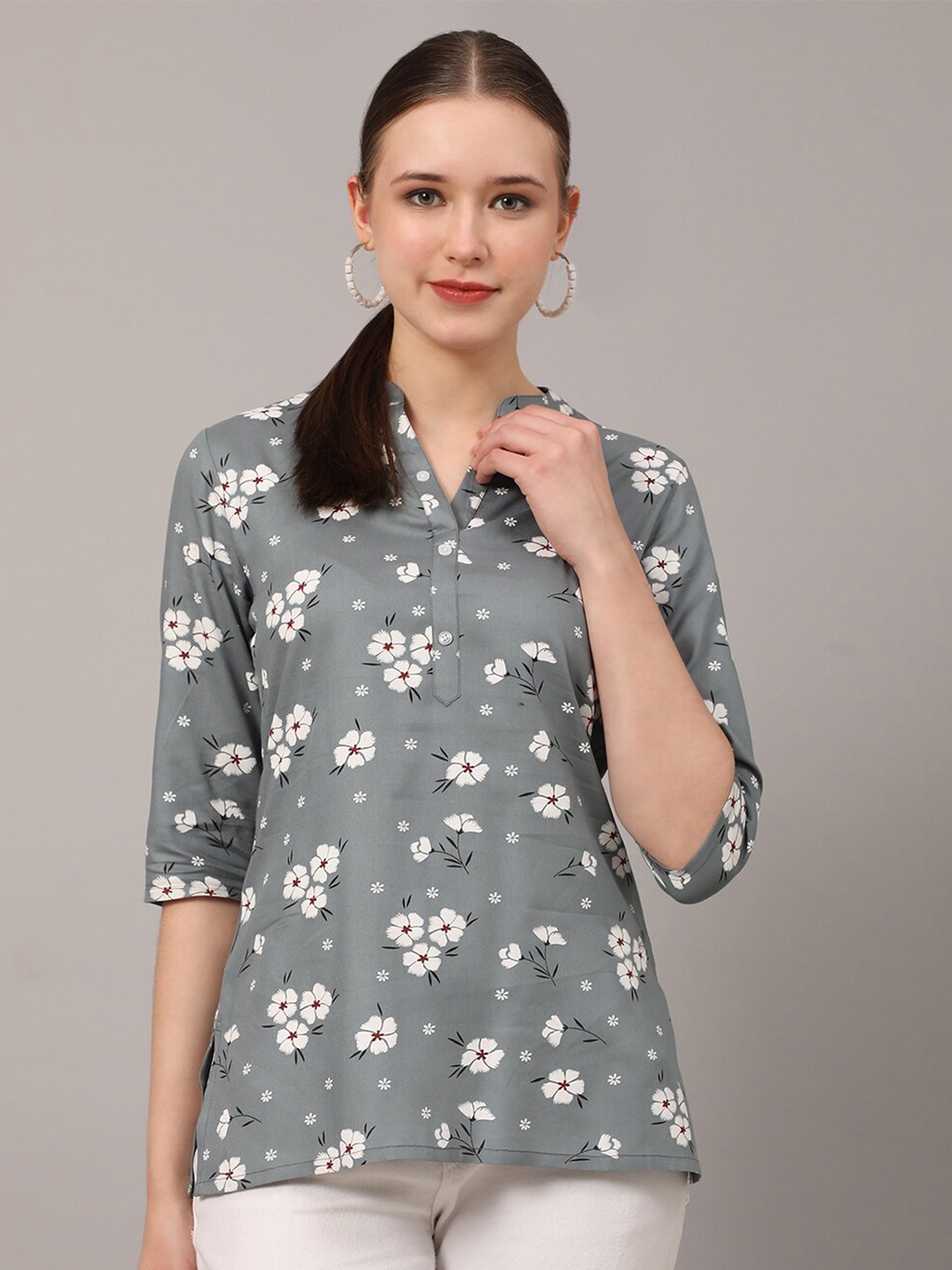 

Pomegal Floral Printed Mandarin Collar Top, Grey